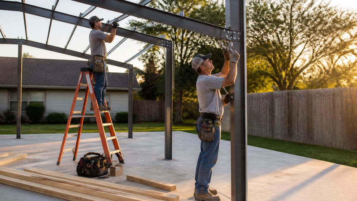 Two workers in safety gear assembling a steel carport frame on a concrete slab, using wrenches and a ladder, with lumber and tools nearby in a residential backyard