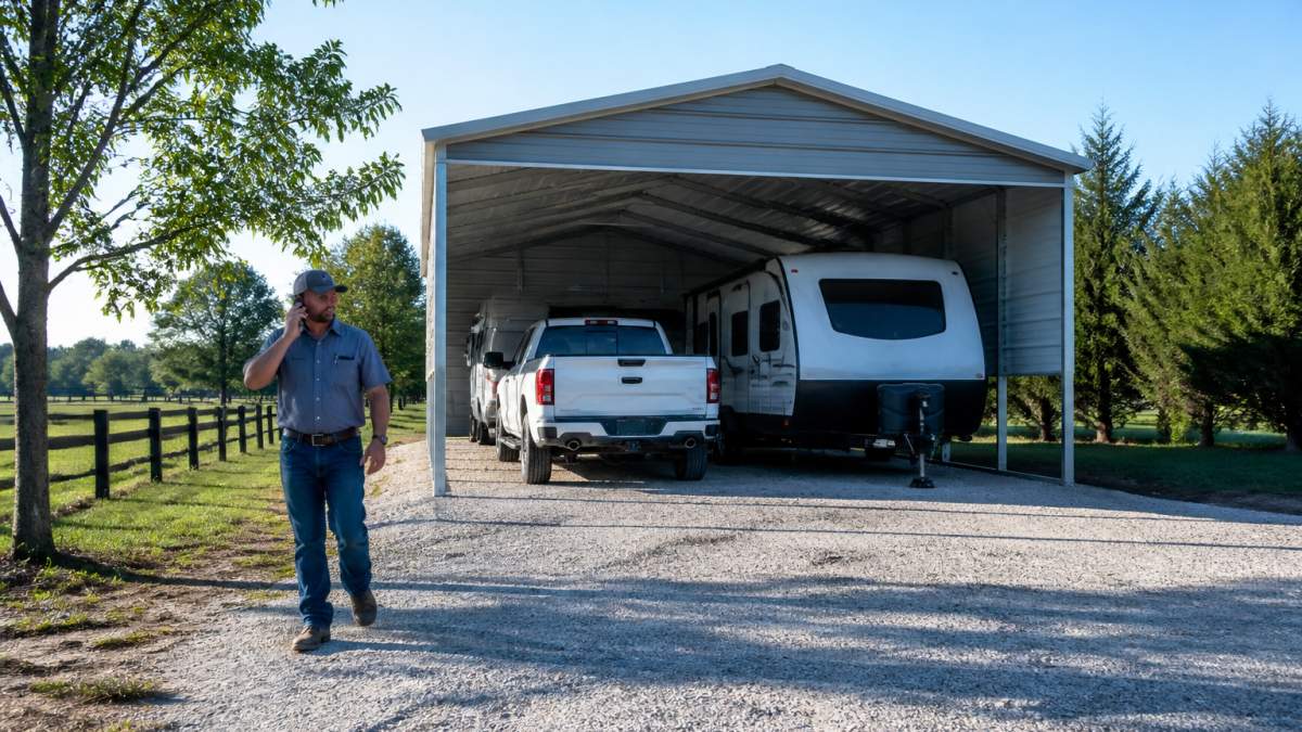 A wide gravel driveway leading into an open-sided steel carport with a pickup truck and a travel trailer parked side by side under a bright blue sky on a rural property