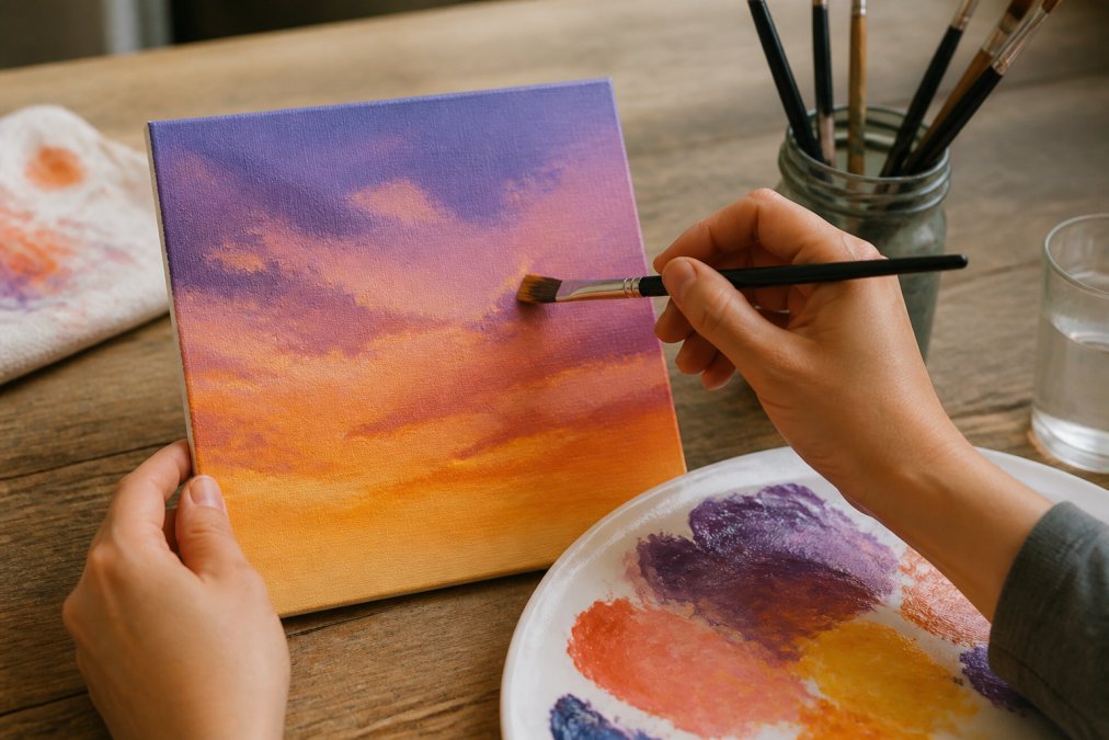 A beginner's hands holding a brush, painting a simple orange and purple sunset sky on a small canvas, with a palette of mixed colors nearby on a wooden table