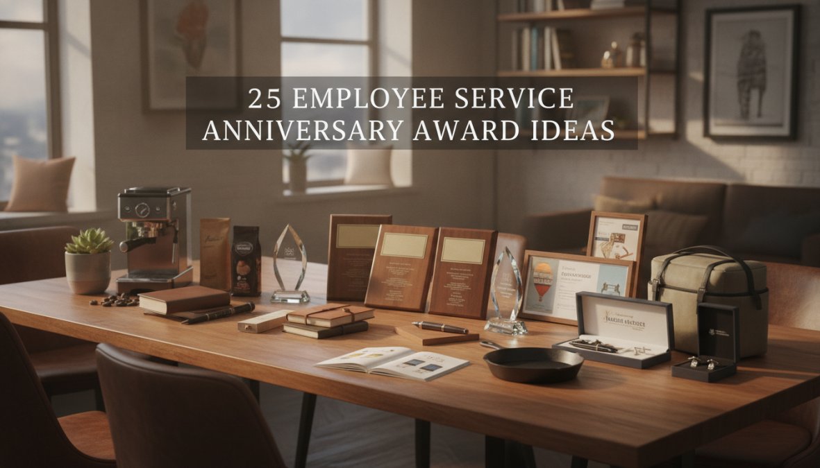 Close-up of beautifully engraved crystal award displayed on polished oak desk with warm office lighting, showing detailed etching of company logo and anniversary date