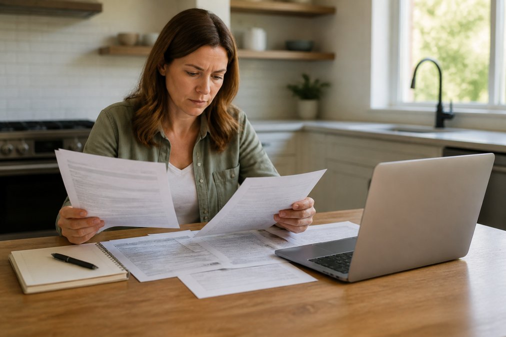 Homeowner reviewing contractor license and insurance documents at a kitchen table with a laptop, notepad, and papers spread out under warm natural lighting