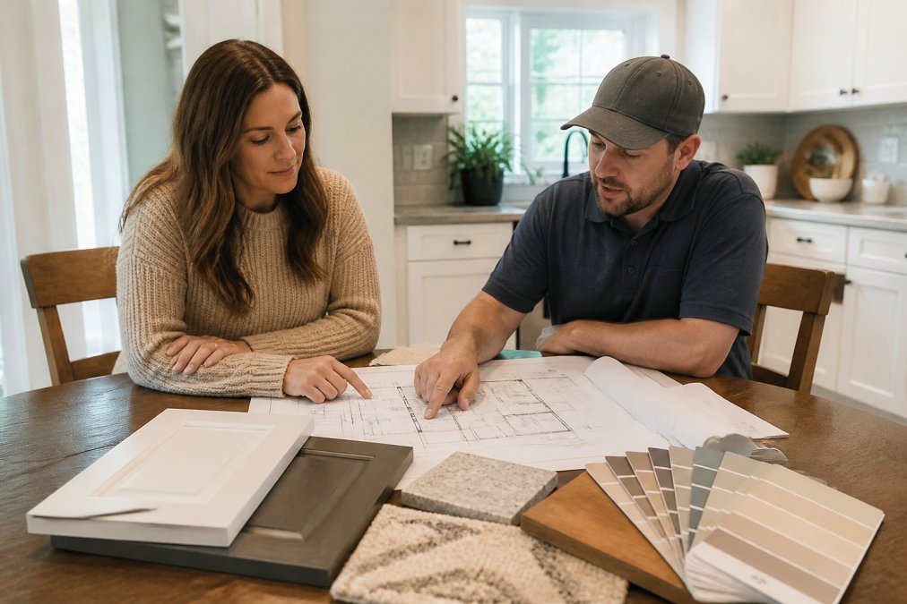 Contractor and homeowner discussing kitchen renovation plans over blueprints, material samples, and color swatches on a dining table in natural daylight