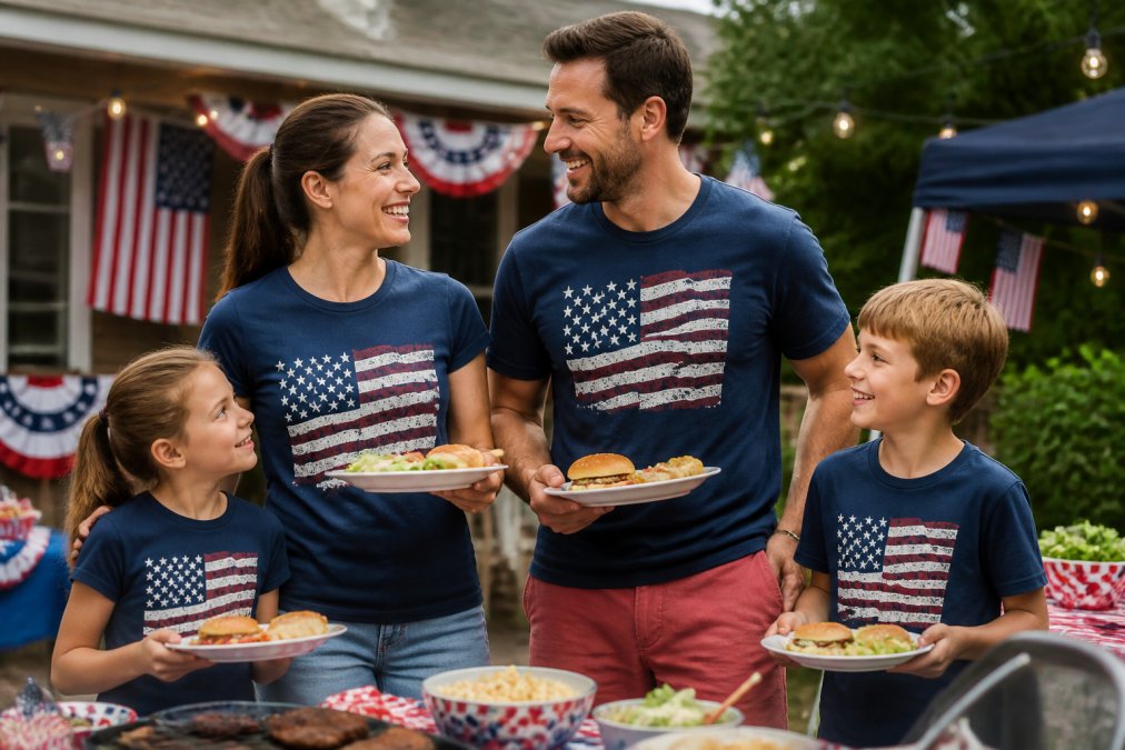 A family wearing matching patriotic graphic tees at a backyard BBQ, with American flags and red-white-blue decorations in the background, smiling and holding plates of food