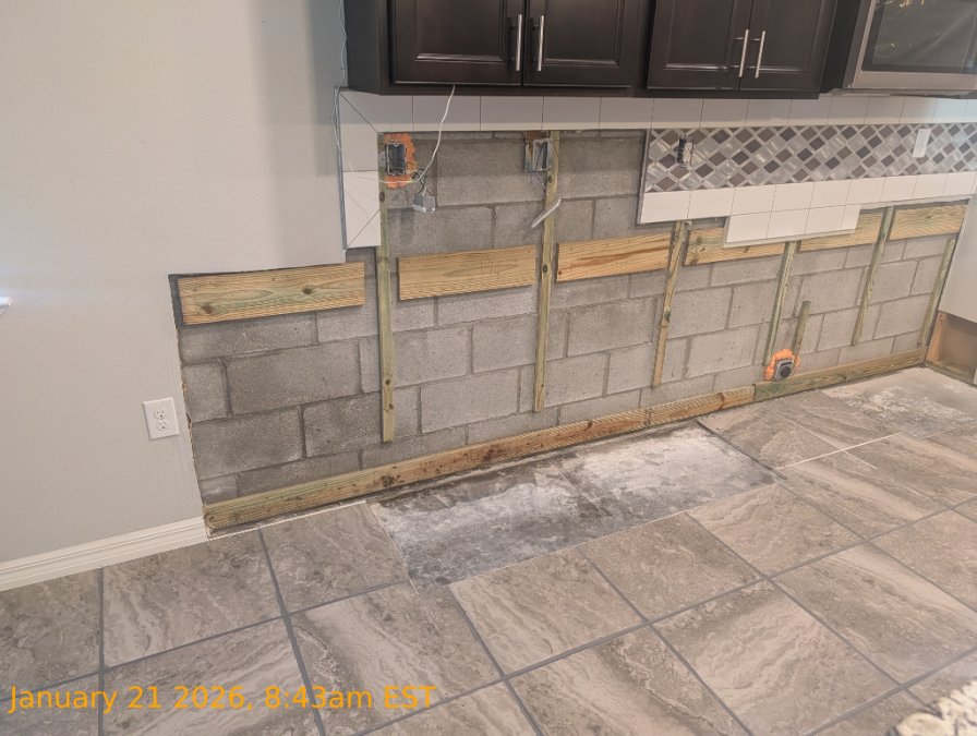 Kitchen wall area after affected cabinetry and materials were removed during mold remediation.
