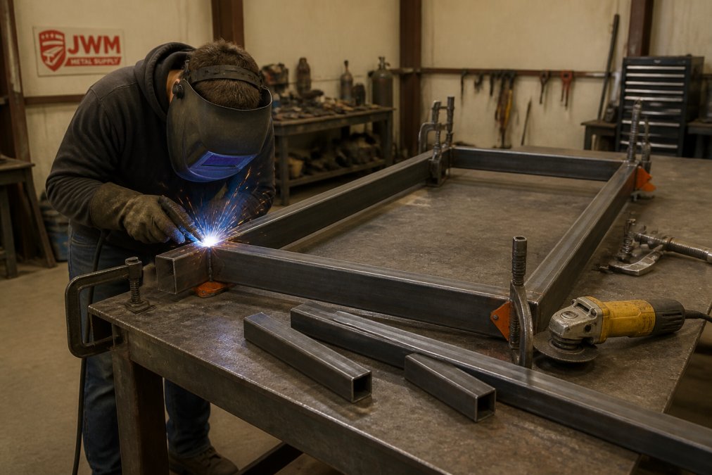 Hobbyist welding a steel frame for a workbench in a home workshop