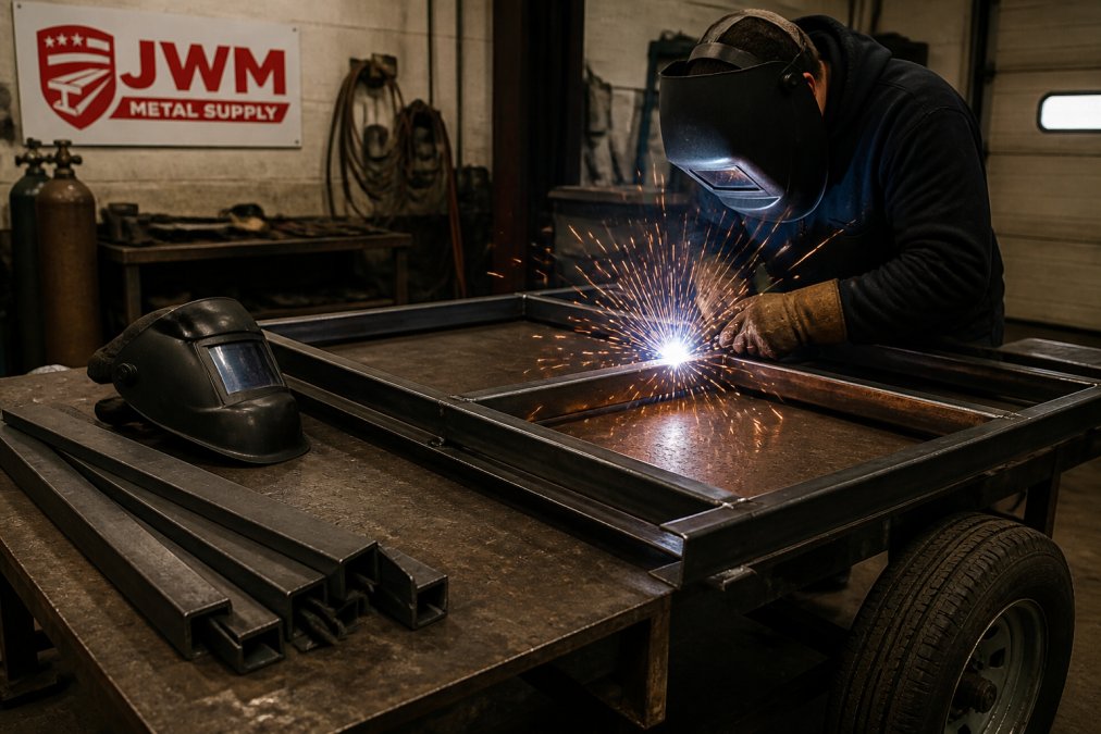 Fabricator welding a steel angle frame for a trailer with orange sparks flying in a workshop