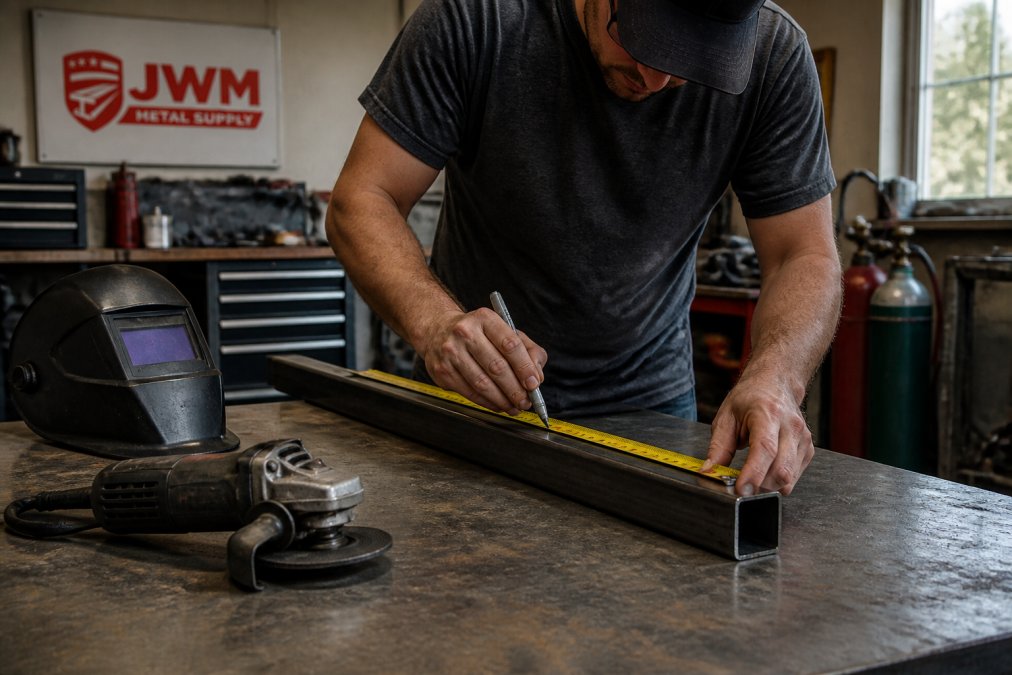 Hobbyist measuring a piece of rectangular steel tubing on a workbench in a home workshop