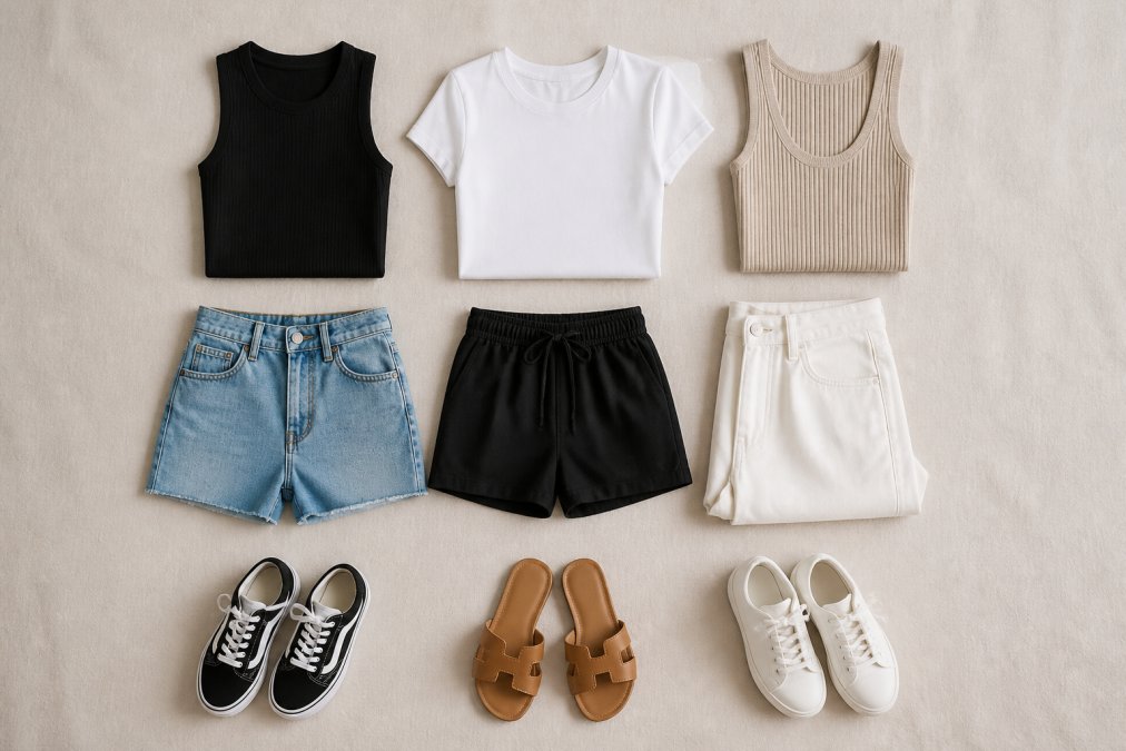 Infographic grid showing nine wardrobe pieces for the 3-3-3 rule, featuring three tops, three bottoms, and three shoes.
