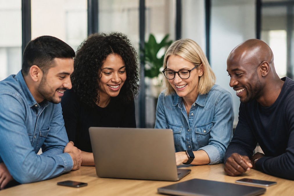 Diverse team members collaborating at a desk, looking at a laptop screen displaying a gamification dashboard with points and leaderboards visible, bright office setting with natural light