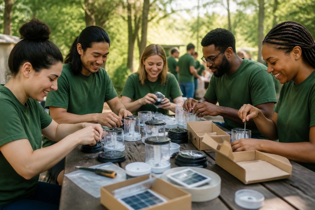 Team members working together on a community service project, assembling solar lights with focus and shared purpose, natural outdoor lighting with diverse group engaged