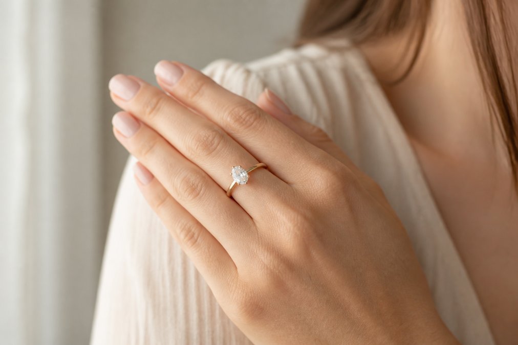 Close-up of a woman's hand with petite fingers wearing an oval cut diamond engagement ring on a thin gold band, soft natural window light, neutral cream background