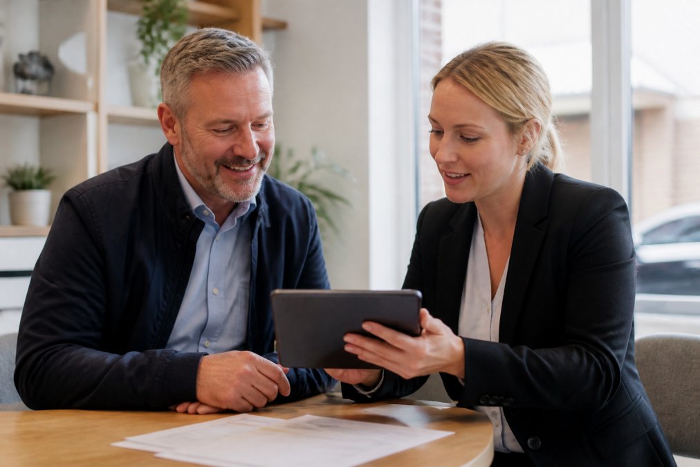 A landlord and a property manager reviewing a tablet showing a maintenance schedule in a bright, modern office setting
