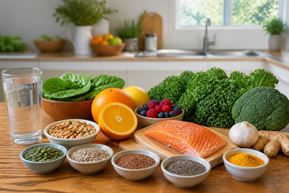 A colorful spread of nutrient-dense whole foods on a wooden table: leafy greens, citrus fruits, nuts, seeds, and fatty fish, with a glass of water nearby, in a bright home kitchen