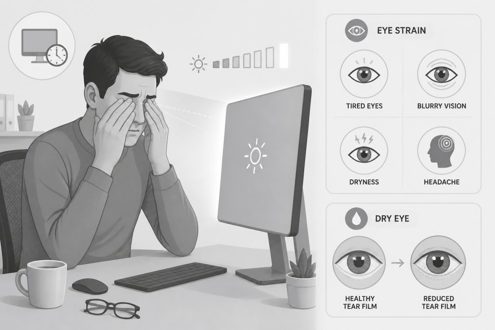 Person rubbing tired eyes while sitting at a computer desk with a bright screen in the background, showing digital eye strain and fatigue