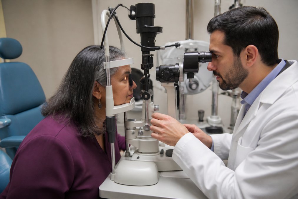 Patient undergoing a dilated eye exam with an ophthalmologist using diagnostic equipment in a clinical setting with professional lighting