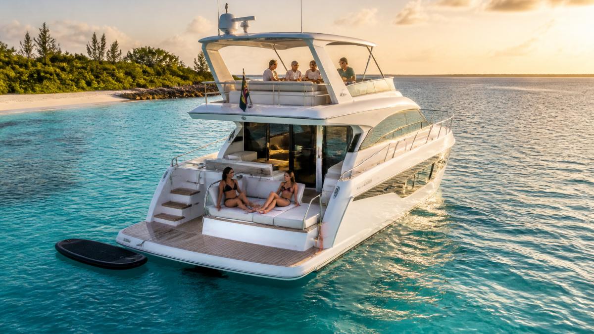 A 65-foot motor yacht anchored in clear turquoise water off a small Bahamian island at golden hour, with guests relaxing on the flybridge and sun loungers, swim platform visible at the stern