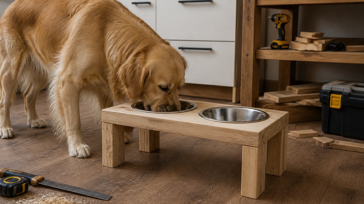 Golden retriever eating from a wooden elevated dog bowl stand in a kitchen with tools nearby.