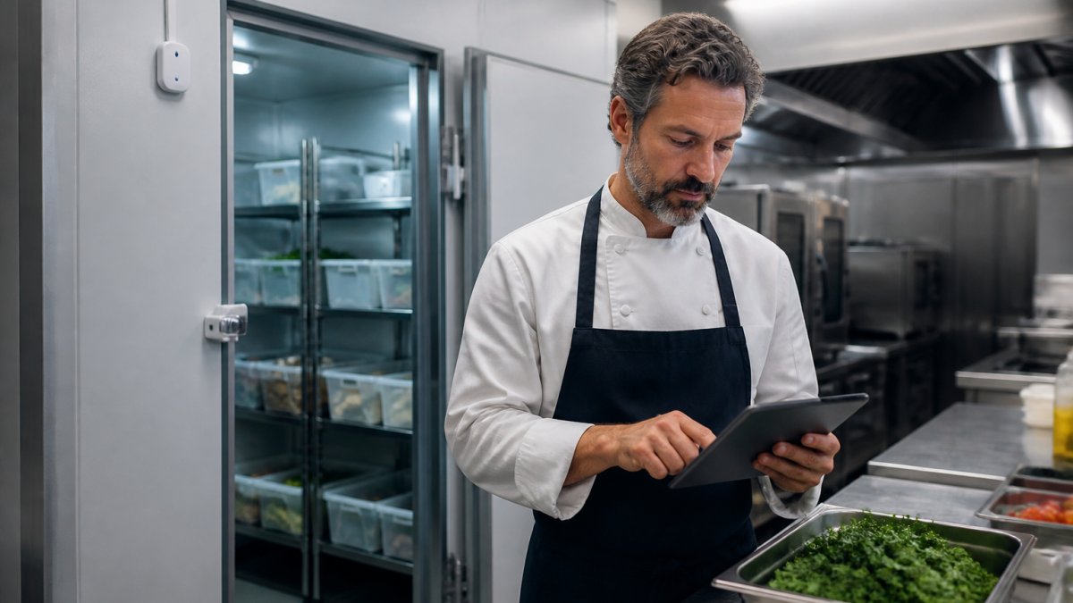 Chef revisando datos de temperatura en una tableta dentro de una cocina industrial con sensores de cadena de frío