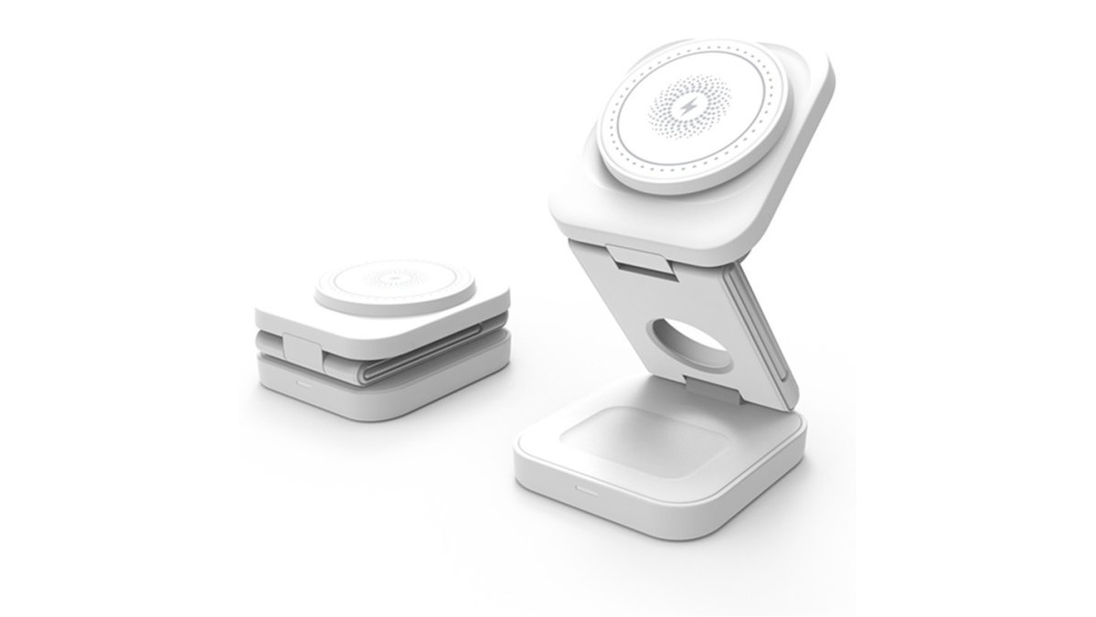 Parent charging multiple Apple devices simultaneously on a foldable wireless charger at a home office desk, with iPhone, Apple Watch, and AirPods arranged on the charger, natural window lighting
