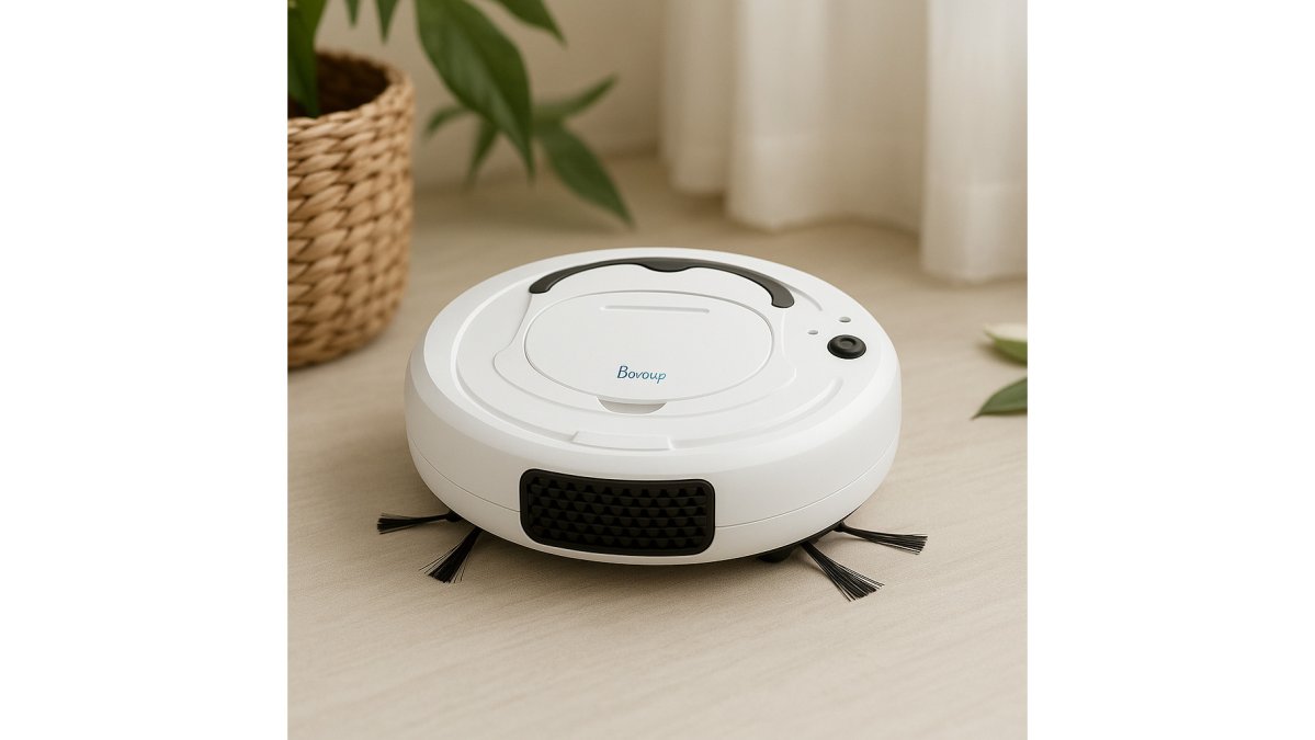 A tidy modern living room with a slim robot vacuum gliding across hardwood floors while a person relaxes on a couch holding a coffee mug, soft natural light streaming through large windows