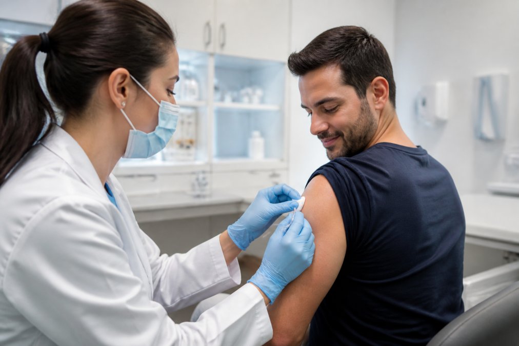 Profesional de salud aplicando una vacuna a un adulto, ideal para vacunarse contra vph después de los 30 en consultorio.