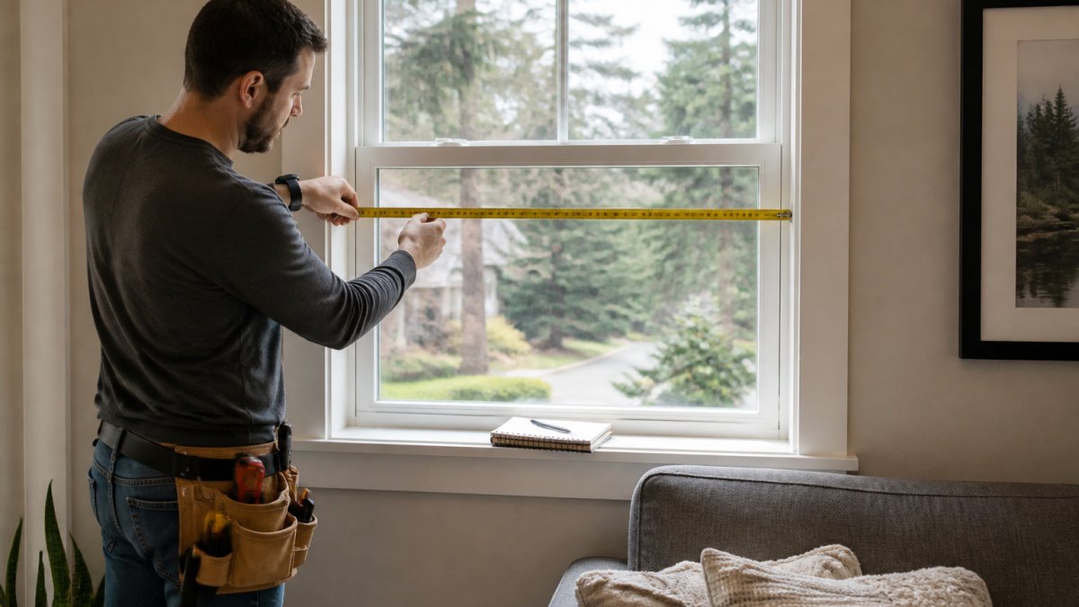 Homeowner measuring a living room window to determine custom blinds cost