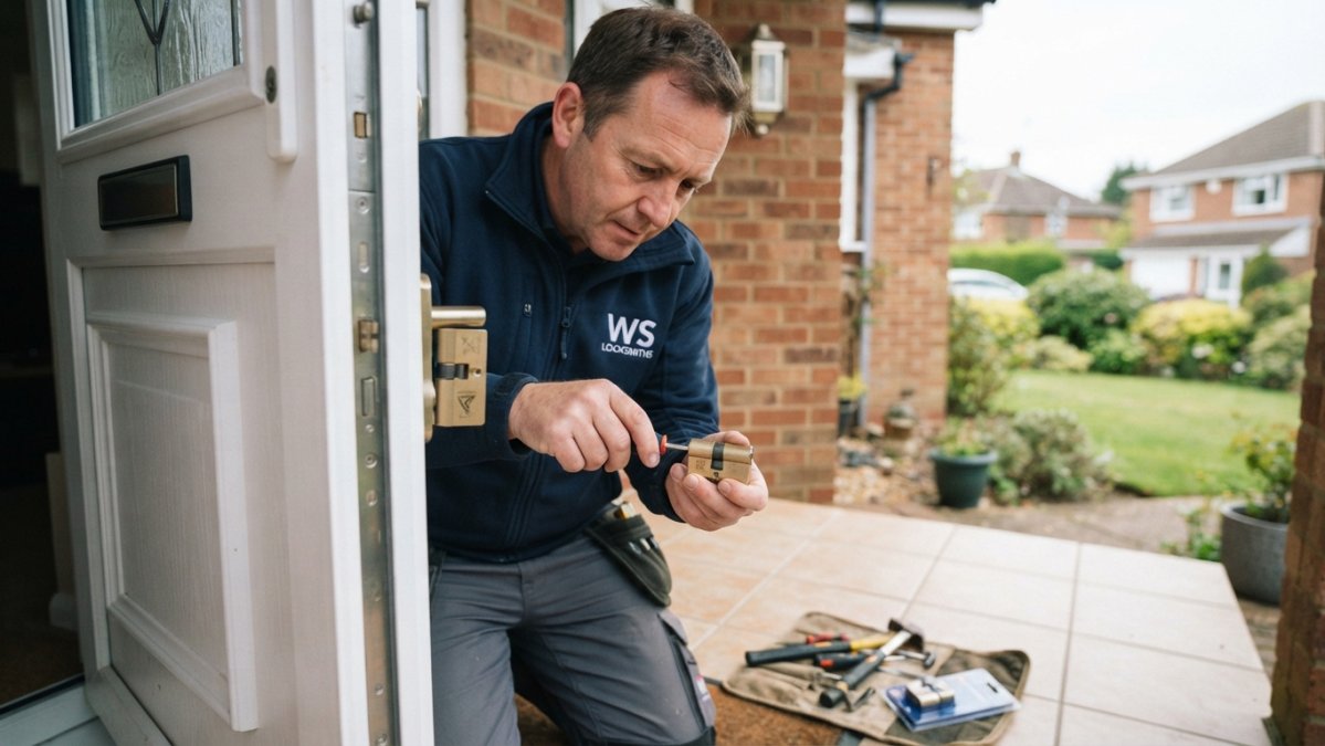 Professional locksmith installing a TS007 3 star cylinder into a residential door, demonstrating precision work and examining security features with tools in hand