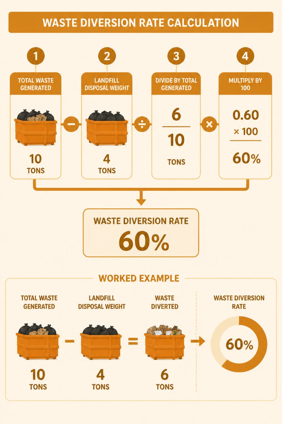 Flowchart calculating waste diversion rate with a 60% example for waste management metrics tracking