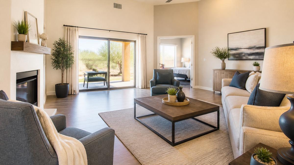 Sunlit, decluttered Arizona living room prepared for 3D virtual tours