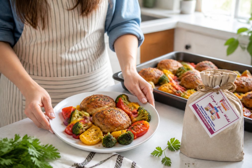 Home cook plating a vibrant sheet pan dinner with golden-brown roasted chicken thighs, colorful bell peppers, and broccoli florets, fresh herbs scattered nearby on a bright kitchen counter with natural light streaming in