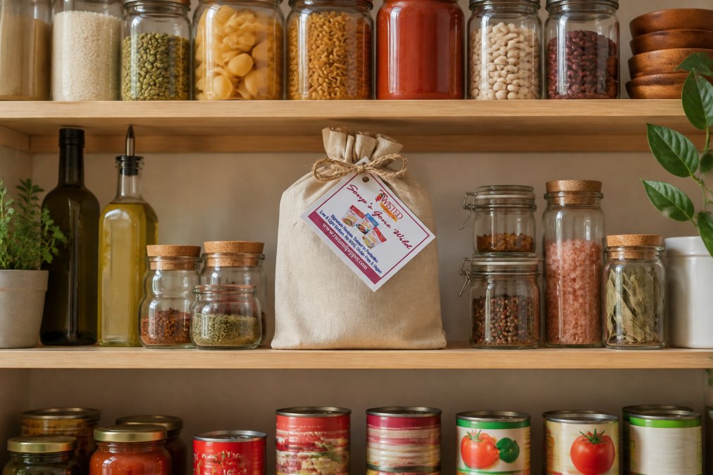 Well-organized open pantry shelves displaying clear glass containers of handcrafted seasoning mixes, dried pasta varieties, canned tomatoes and beans, bottles of oil, and labeled spice jars with warm kitchen lighting