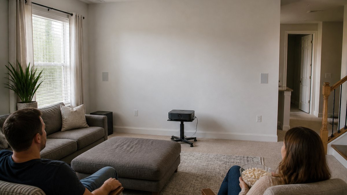 Compact living room with projector on rotating stand displaying large projected image on white wall, viewers seated at comfortable distance from screen, natural afternoon lighting from side window