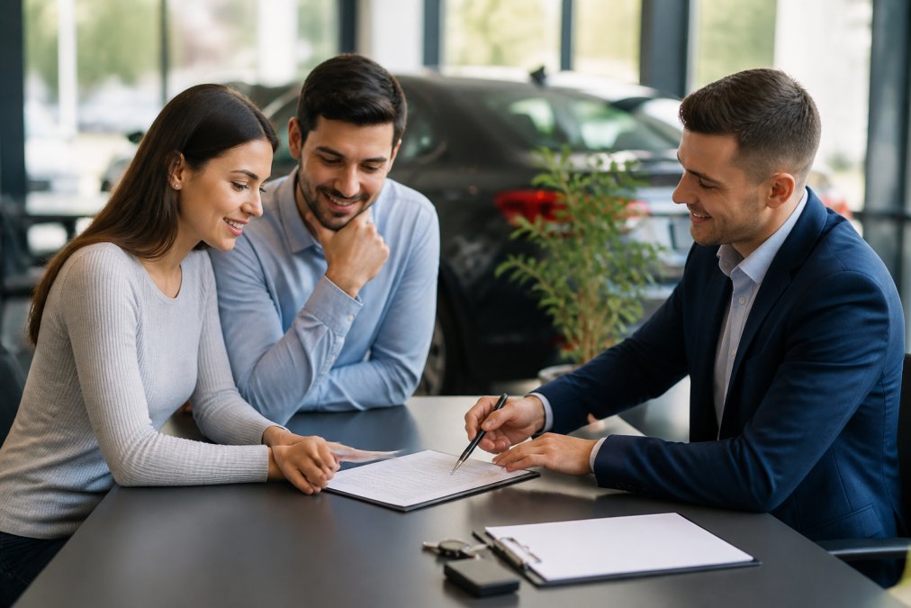 First-time car buyer sitting in a bright dealership office reviewing loan documents and monthly payment breakdown with a friendly finance representative at a desk