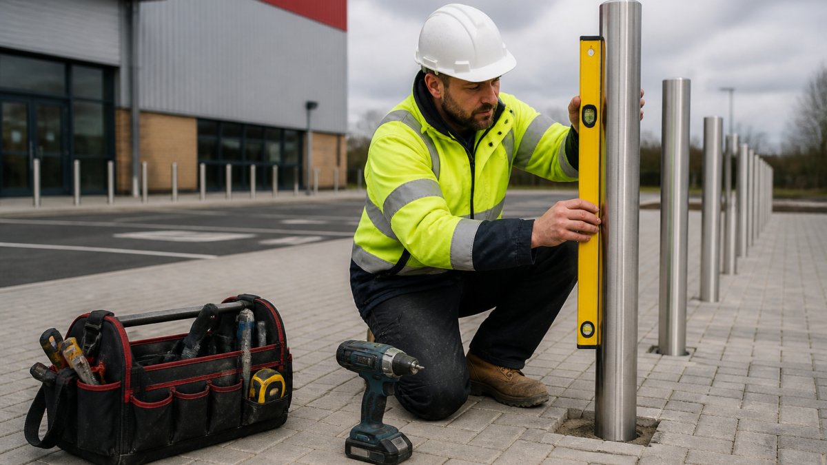 A worker in high-visibility clothing using a spirit level against an upright stainless steel bollard on a paved forecourt, tool bag and drill at his feet, overcast daylight