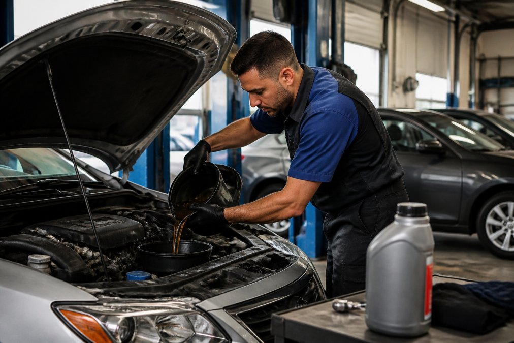 Professional technician in work uniform performing engine oil change on Japanese sedan in well-lit service bay, with oil drain pan visible and fresh oil bottle on workbench