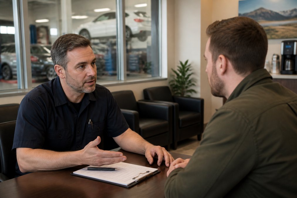 Service advisor in professional attire discussing vehicle maintenance with customer at desk in clean, modern repair shop waiting area with soft overhead lighting