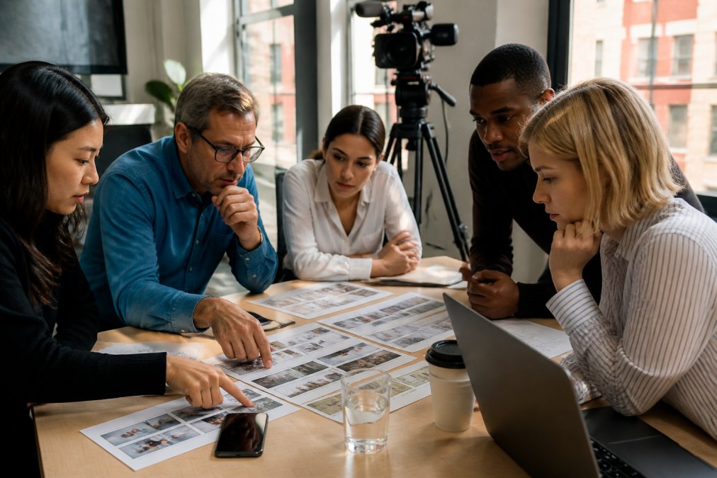 A diverse marketing team in a bright conference room reviewing storyboard frames and a laptop displaying video timeline software, with a camera on a tripod in the background