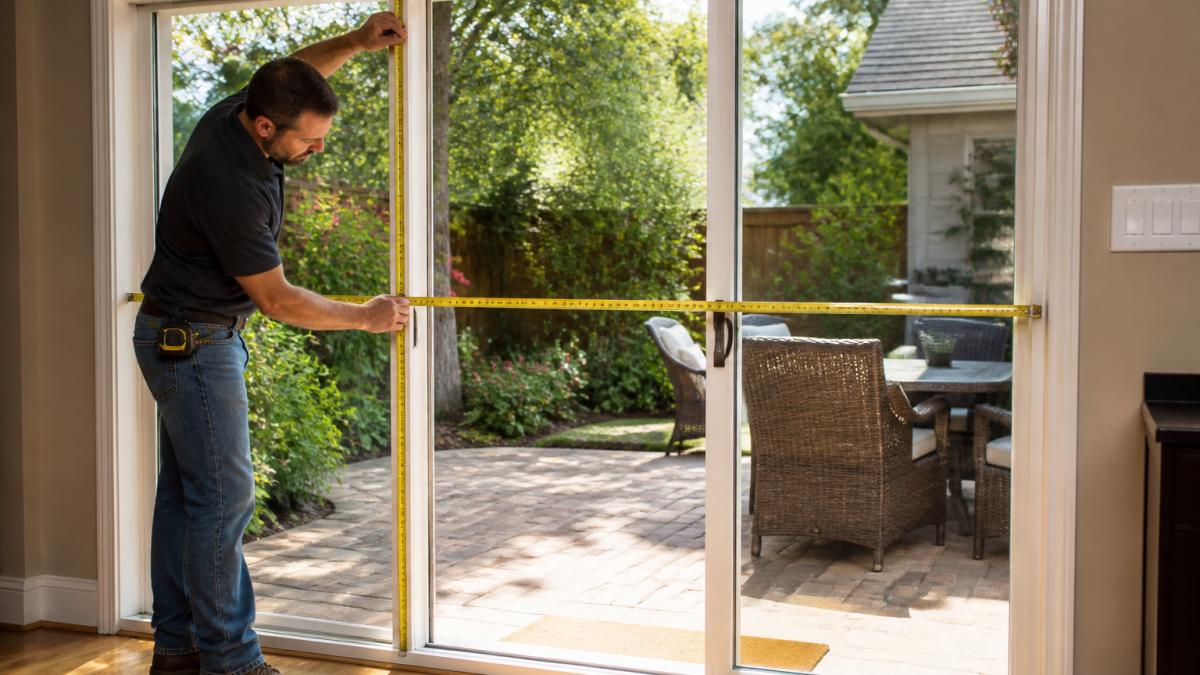 Homeowner measuring a sliding patio door frame with steel tape measure, showing proper technique for measuring width and height at multiple points on a light-filled patio