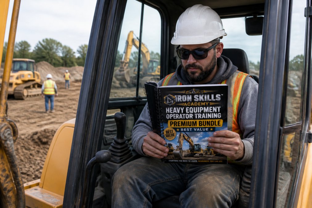 Heavy equipment operator in safety gear sitting in the cab of an excavator on an active construction site, with other workers and machinery visible in the background
