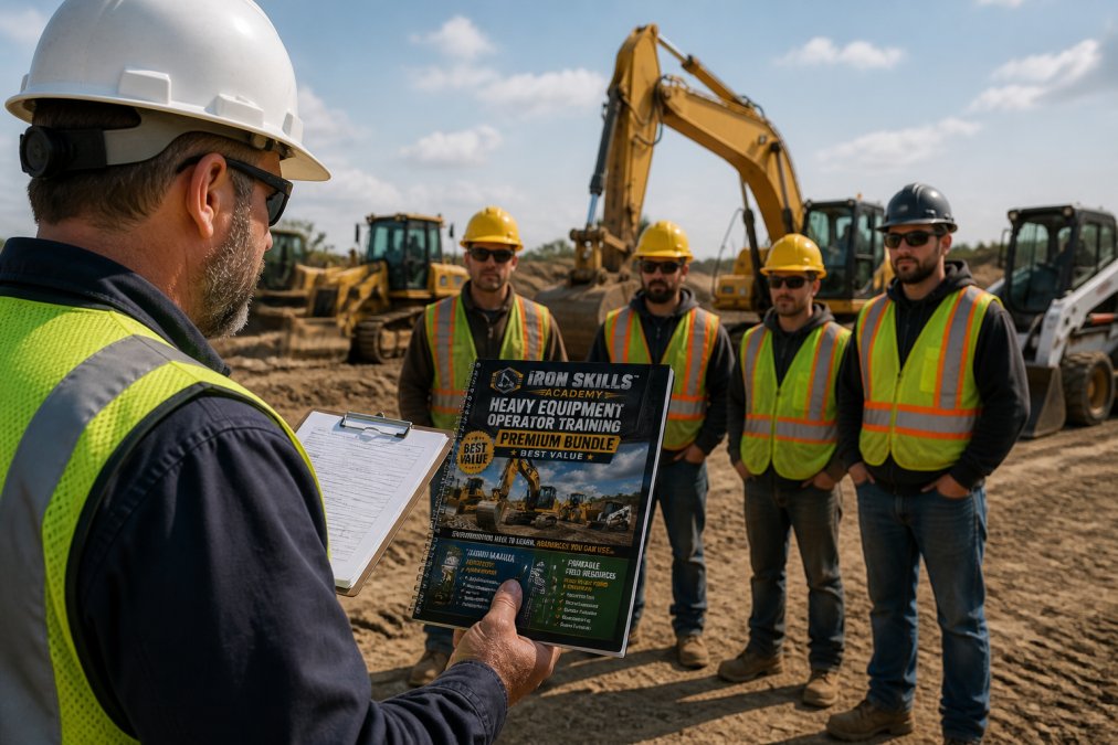 Construction safety officer or instructor reviewing training documentation and clipboard with a group of equipment operators on a jobsite, with equipment visible in the background