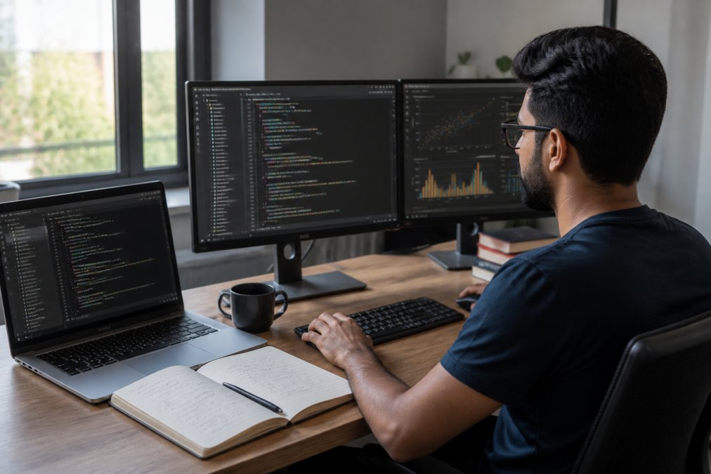 Data science student working at laptop with code editor open, multiple monitors displaying Python scripts and data visualizations, notebook with handwritten notes visible on desk, natural window lighting