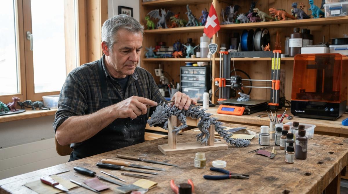 Schweizer Handwerker arbeitet an einem Modell als 3D-Druck Alternativen exklusive Fertigung in einer modernen Werkstatt.
