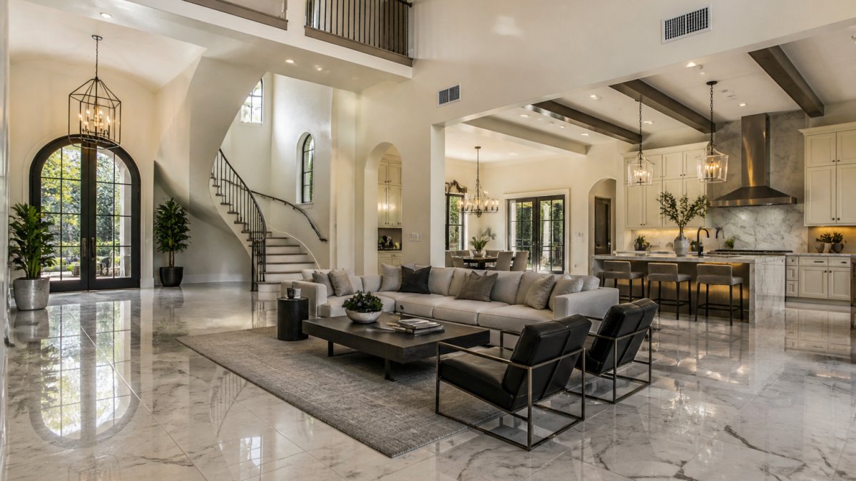 Elegant luxury home interior with marble flooring, high ceilings, natural light streaming through large windows, and sophisticated furnishings viewed from multiple angles