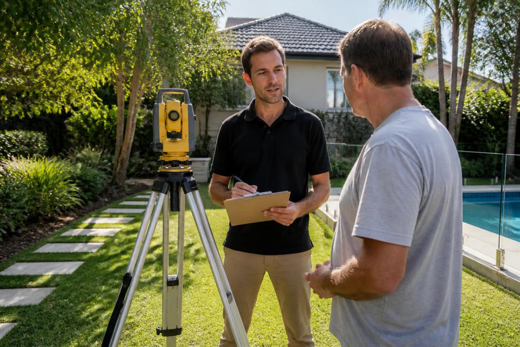 Professional landscape surveyor on residential property with measuring equipment, clipboard and design notes, discussing site features with homeowner in afternoon sunlight