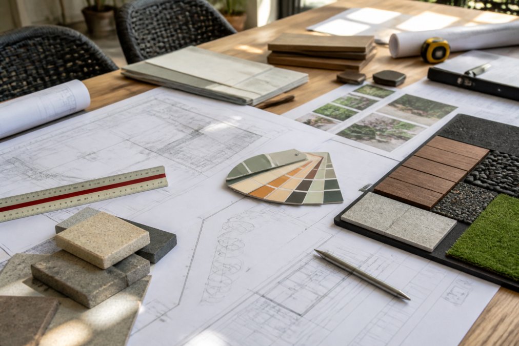 Landscape construction drawings and technical specifications laid out on design table with material samples, colour swatches, measurement tools and planting schedules in natural office lighting