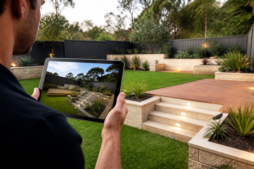 Landscape designer or homeowner viewing a tablet displaying a 3D model of a backyard with retaining walls, timber decking, and garden beds shown from an eye-level perspective, with the physical garden visible in soft natural light