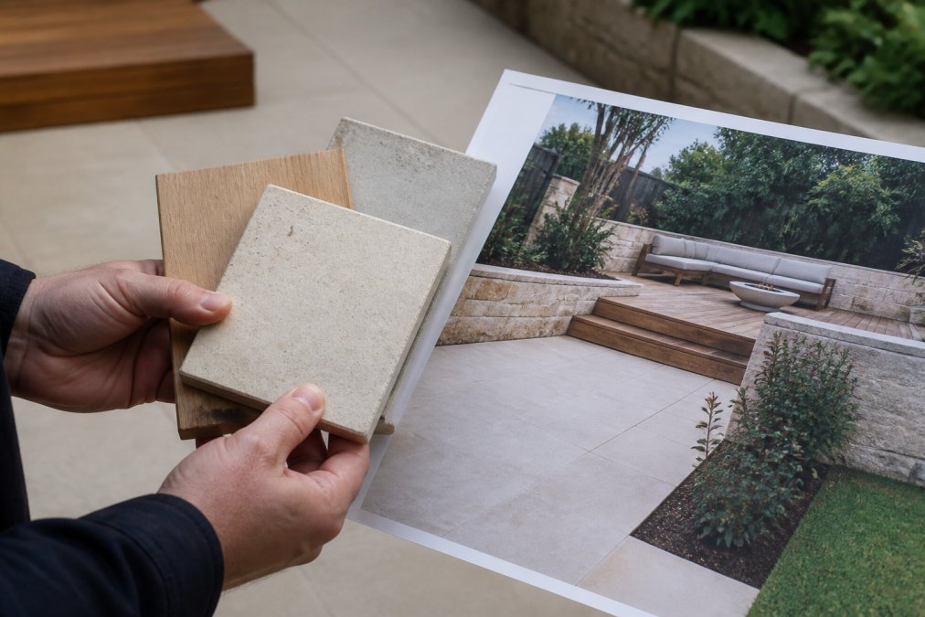 Close-up of hands holding samples of sandstone pavers, timber, and rendered concrete next to a printed 3D rendering showing those same materials integrated into an outdoor living space with retaining walls and decking