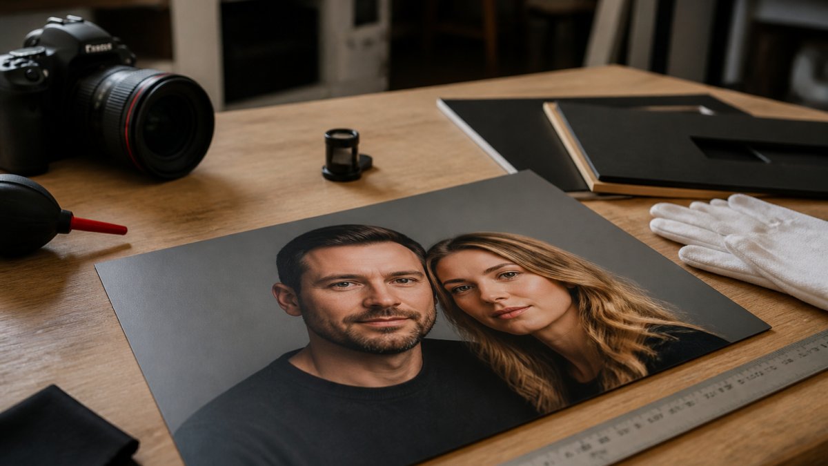 Professional portrait of two people with clear facial features, soft directional lighting, neutral background, and sharp focus on their faces