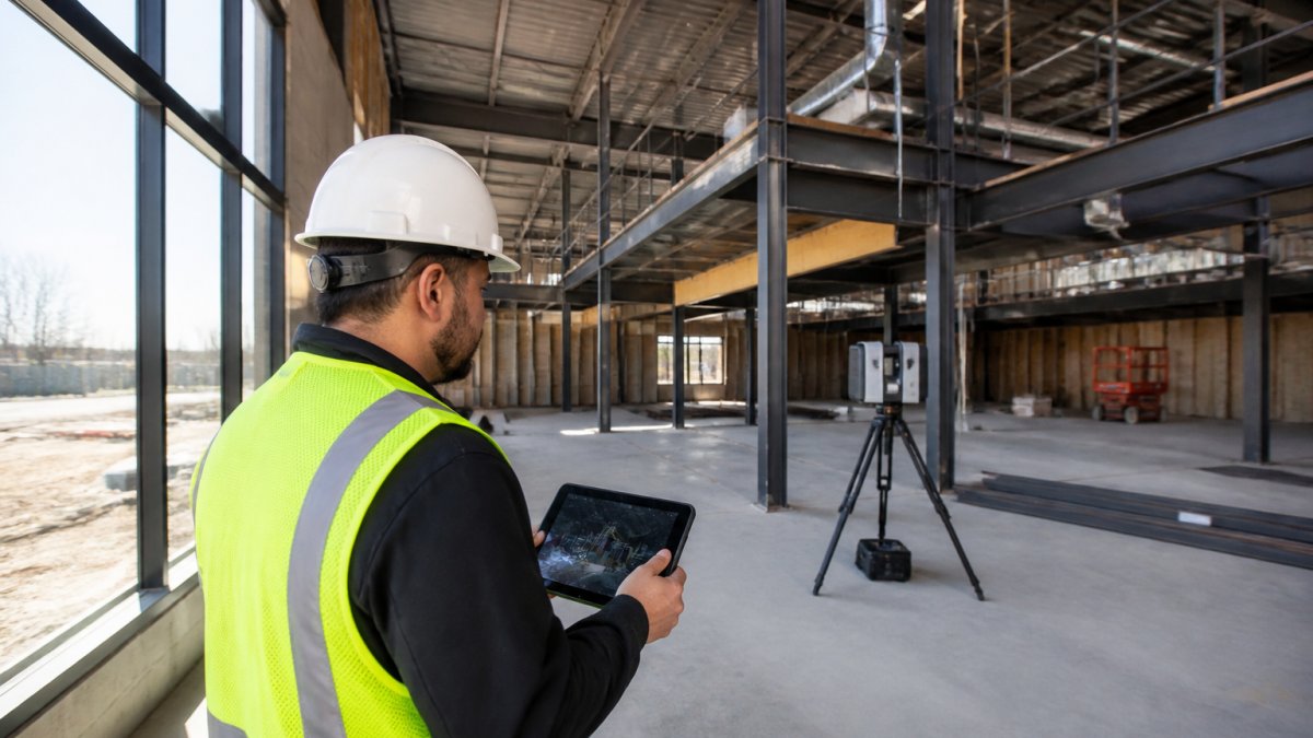 Construction professional reviewing 3D laser scanning construction point cloud data on a tablet at a job site