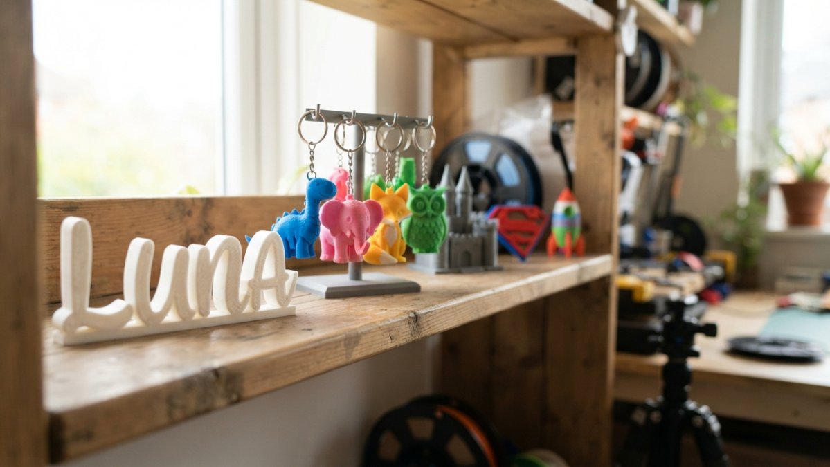 Custom 3D-printed name sign and colorful animal keychains displayed on a wooden shelf in natural window light.
